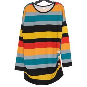 Tunic Sweater Colorful Rainbow Stripe Retro Boho Casual Colorblock Buttons XL